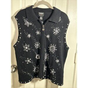 Women's STUDIO JOY Holiday Zip Up Sweater Vest ~ Black White Snowflakes Size XL
